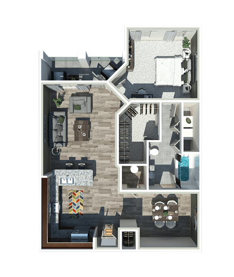 1 bed 1 bath a 3d floor plan of a furnished apartment C at The Ridge at Chenal Valley, Arkansas
